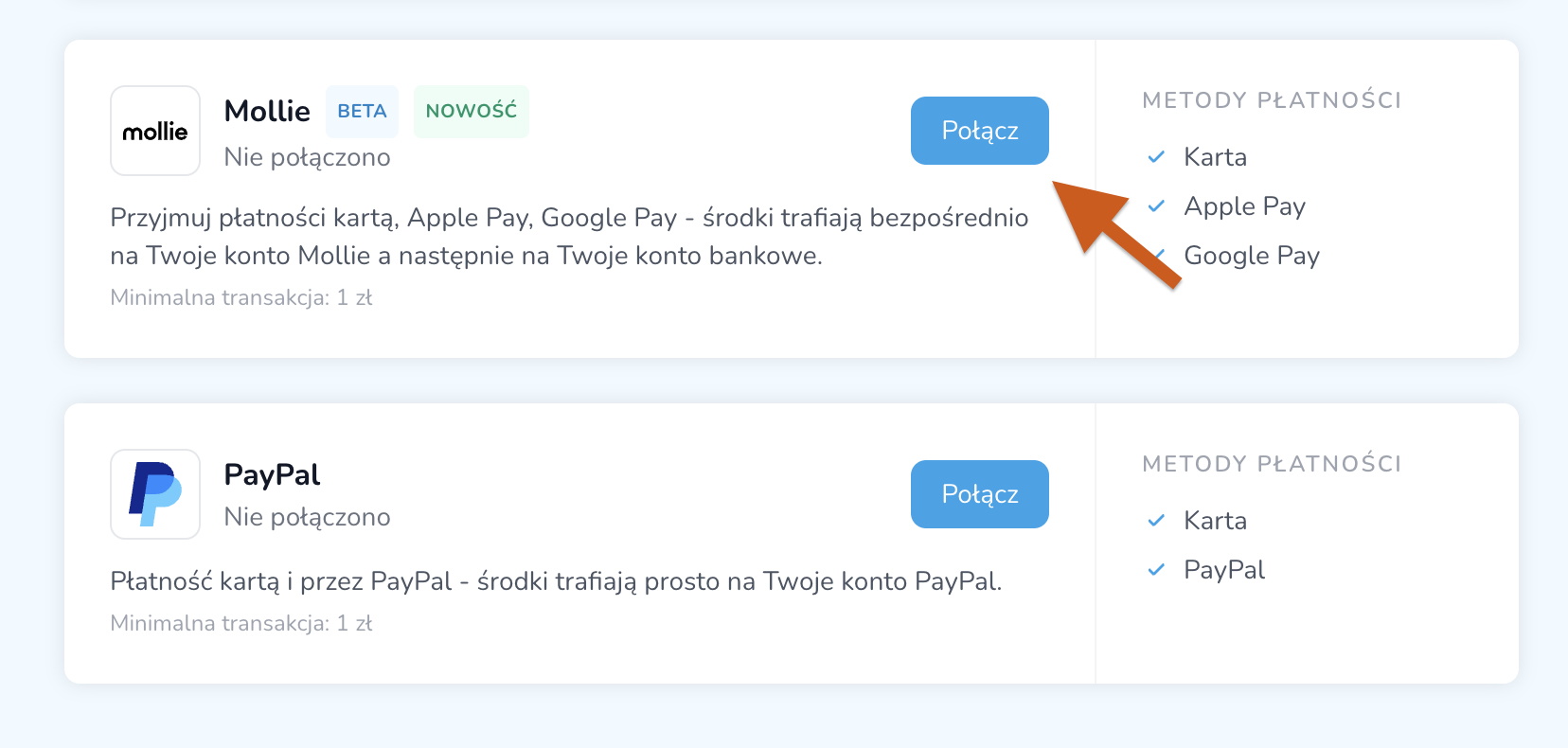 Rozpoczęcie połączenia z Mollie w panelu Tipped